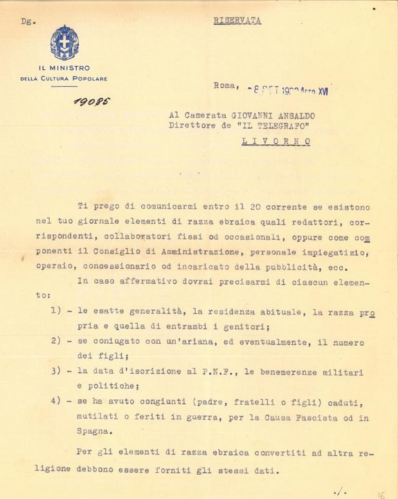 Lettera di Dino Alfieri a Giovanni Ansaldo, 08-09-1938 (1)